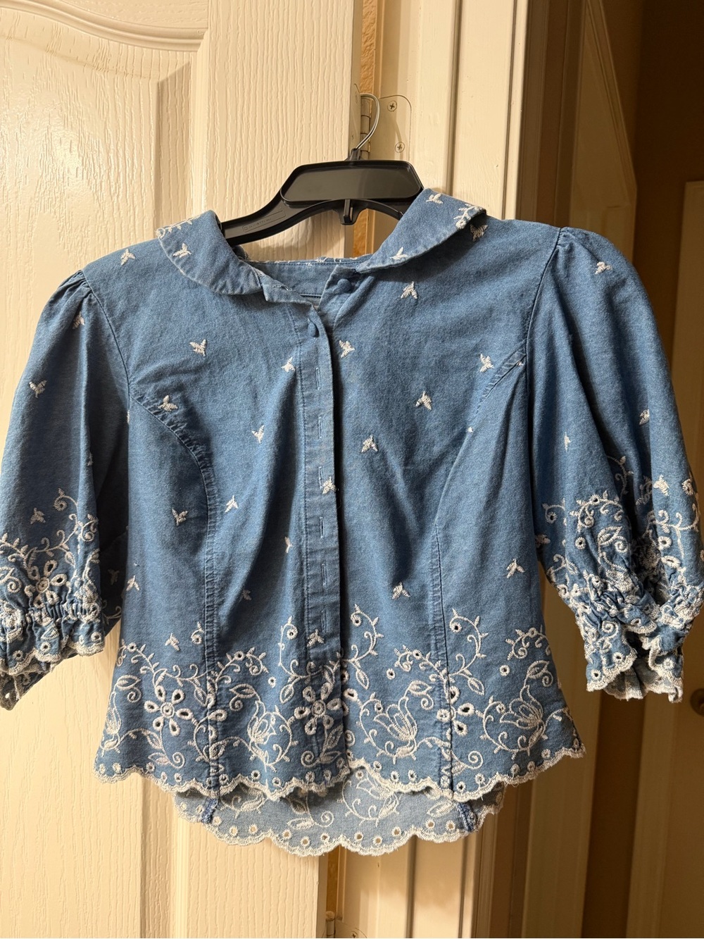Avec Les Filles Blue Embroidered Denim Blouse